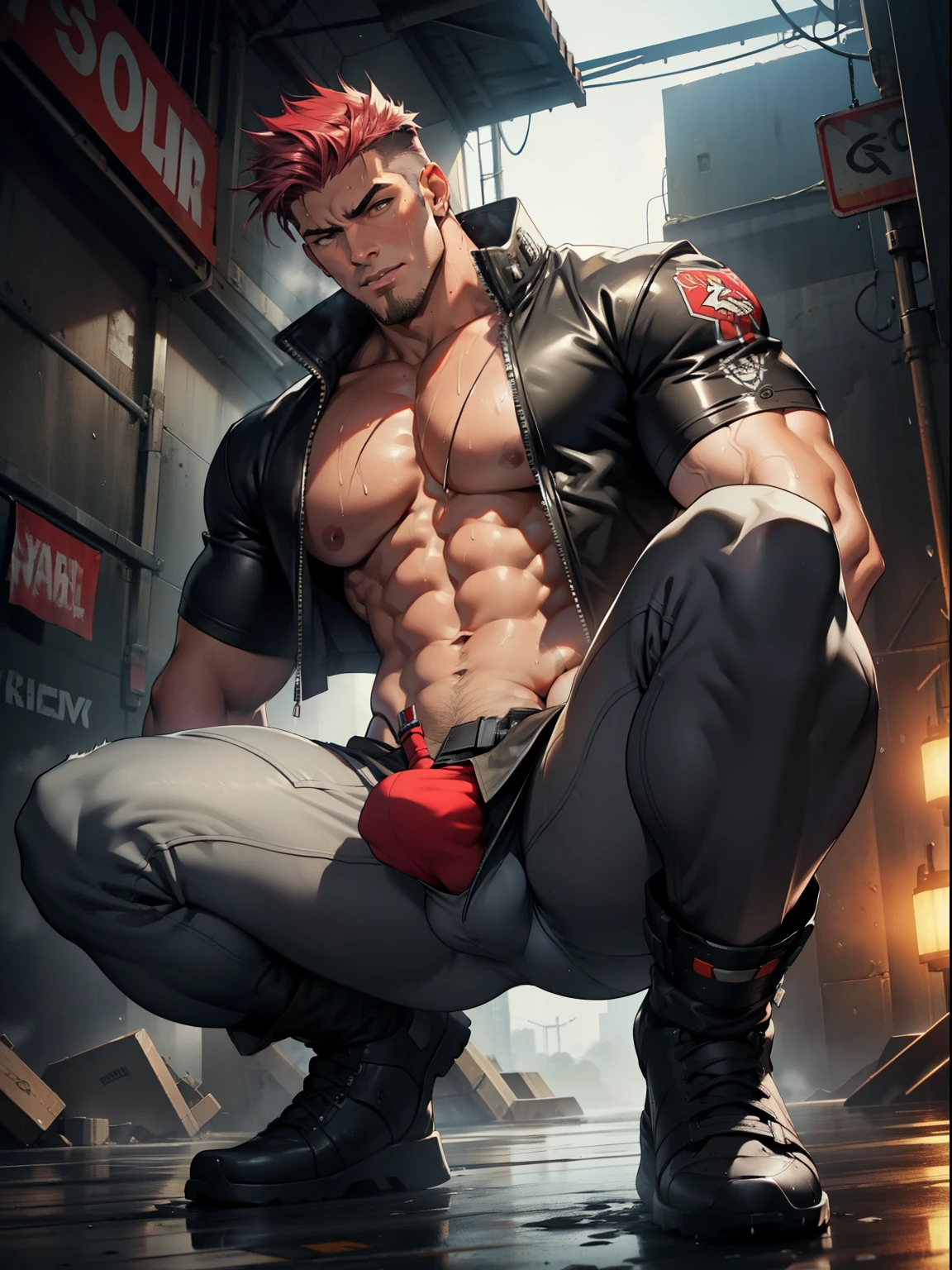 An extremely tall extremely muscular boy , Naked , Legs spread , impact , Sweaty , Wet , Seductive , Bigboobs , extremely large bulge , big balls , look from down , From the knees , big assa，mechs，Punk style,NSFW,