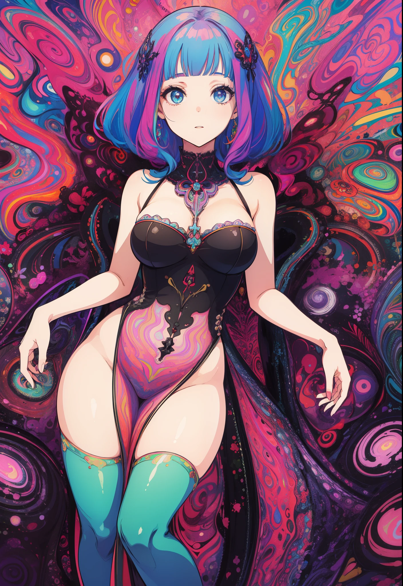 (psychedelic artwork:1.5), (de baixo:1.2), vestido intrincado, parte superior do corpo, olhos fechados, garota loira linda as pontas do cabelo rosa