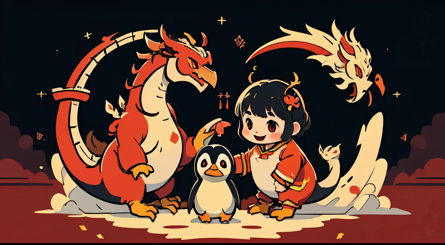 (best quality, highres, realistic:1.37),,(penguin),(playing),(chinese dragon,dragon year,Chinese New Year's theme,red color),(cute),(flat illustration),(kids illustration)