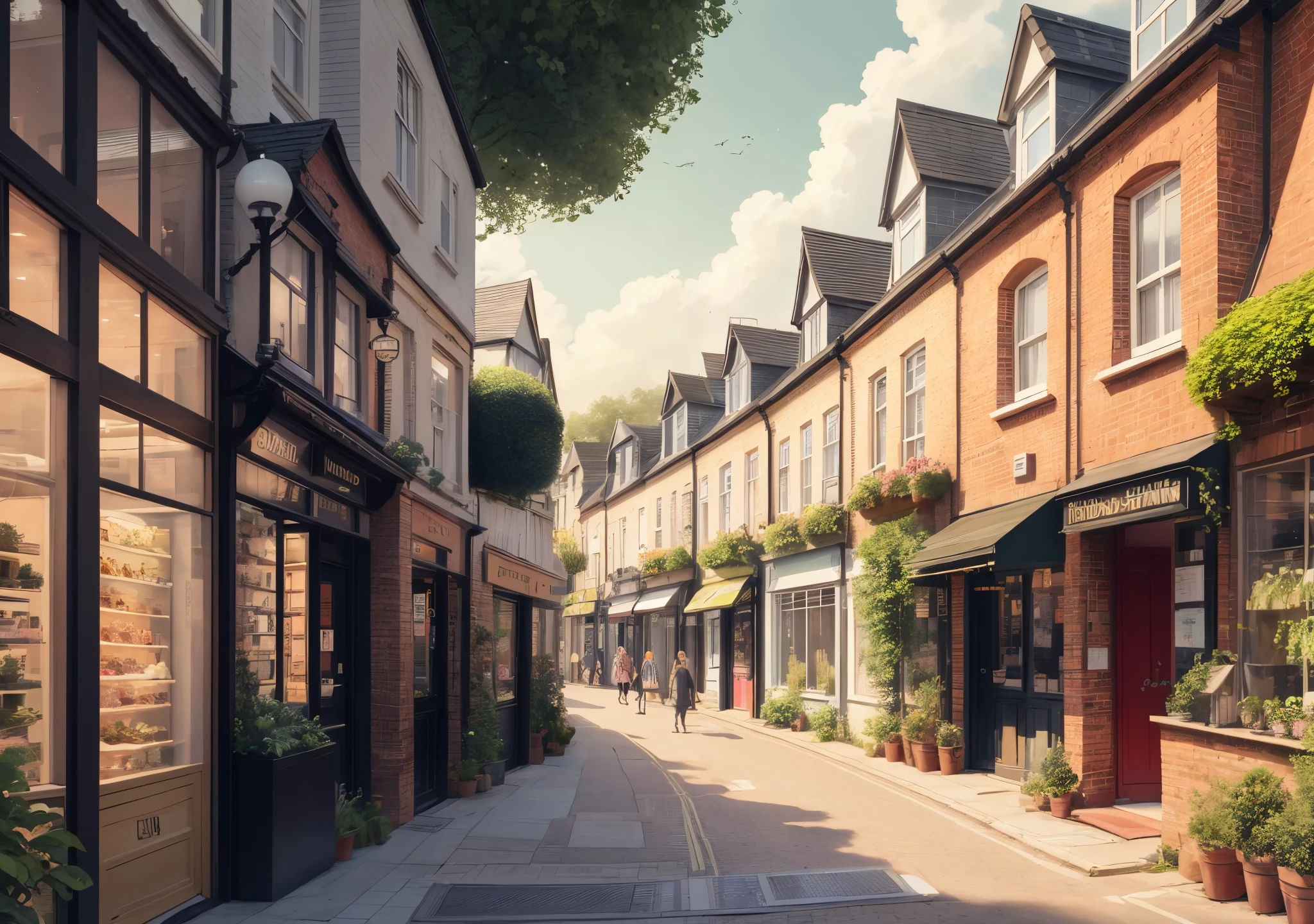Solarpunk in London suburban street. Houses, local shops and small businesses with renewable energy, efficiency. Lots of greenery and nature established into architecture.