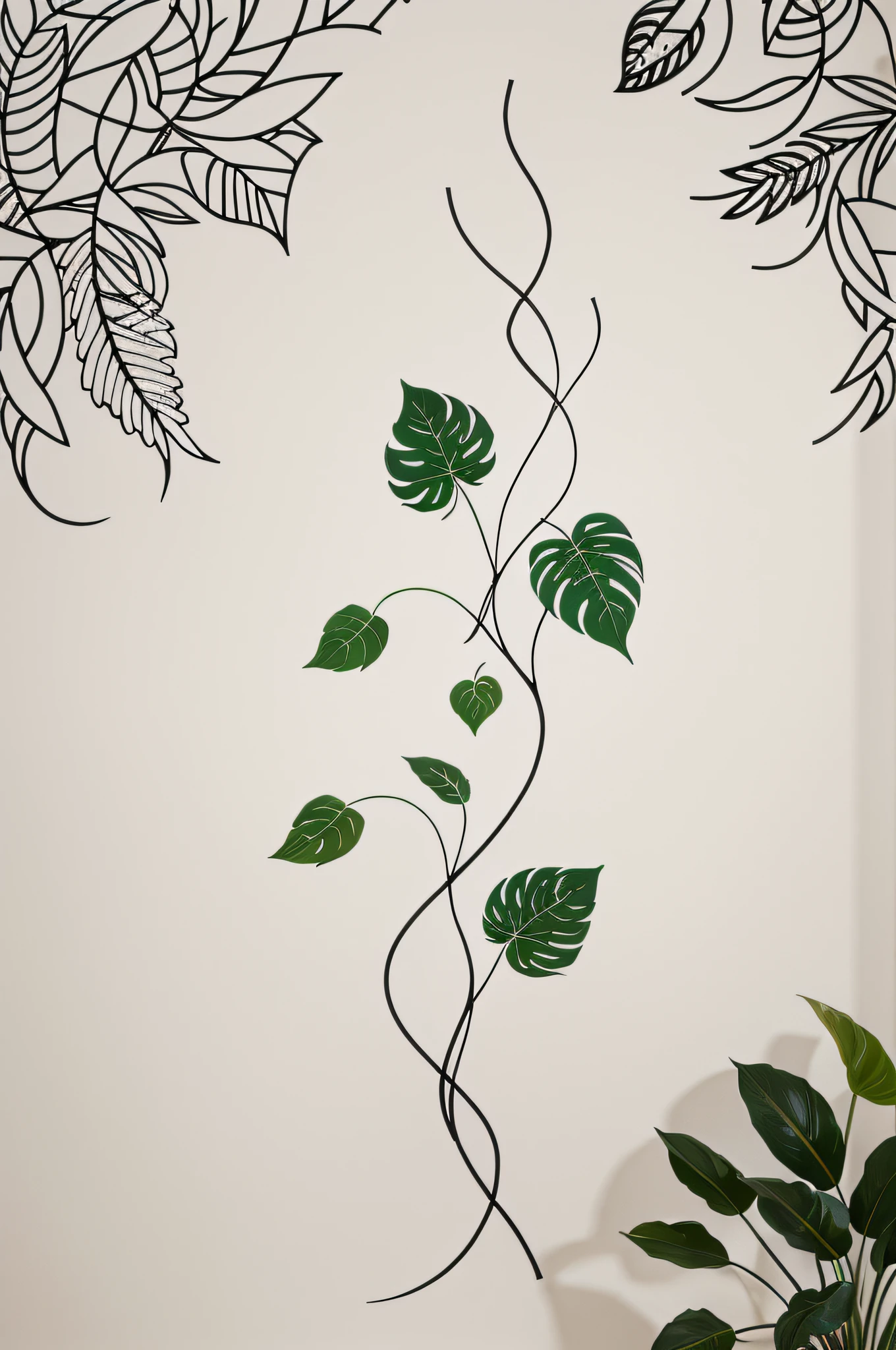 there is a plant that is growing on a wall next to a plant, leaves and vines, flowing wires with leaves, jungle vines, vines on the walls, vines, big leaves and stems, boho floral vines, leaves foliage and stems, vine and plants and flowers, large vines, small and dense intricate vines, vine art, green vines, monstera, hanging vines
