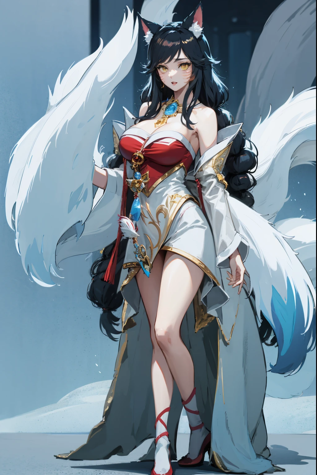 1 plump girl, Full body standing painting, 独奏, fox ear, fox tails, Gorgeous white dress, Ali, Civet League of Legends,