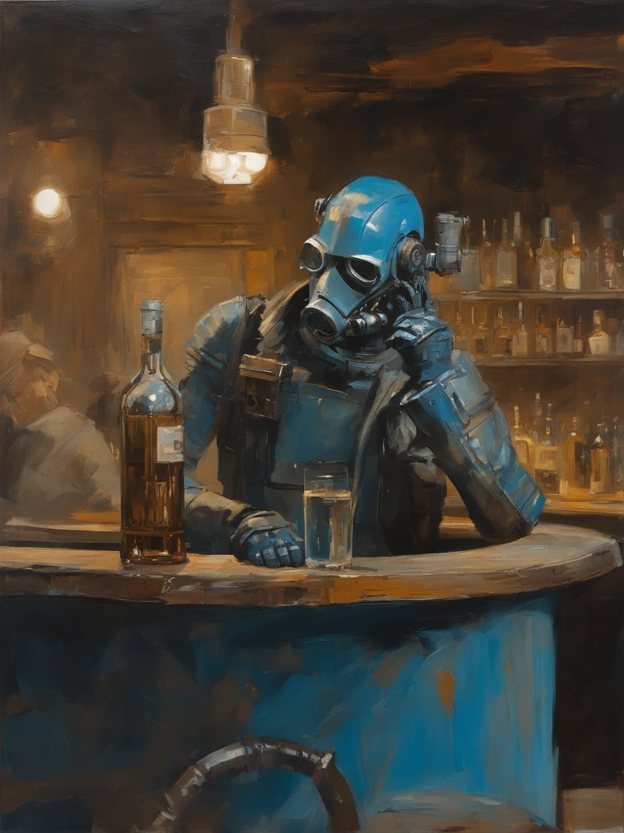 Ashley Wood（Ashley Wood）Realistic paintings created in Van Gogh's unique style，Depicted ((Blue rusty cyborg drinking whiskey in a post-apocalyptic bar))
