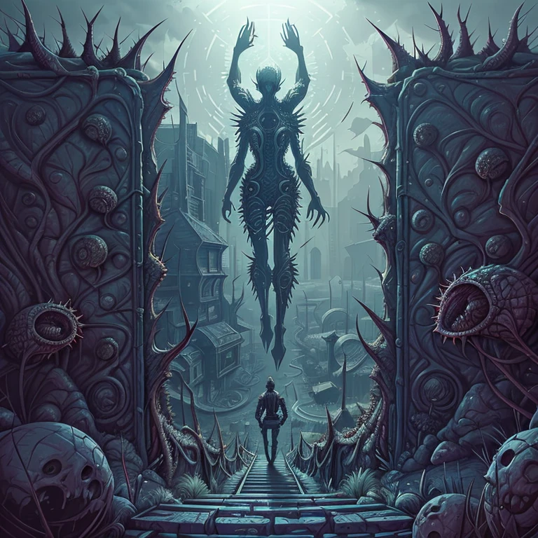 View from the top, horror art landscape, complex biomechanicals monuments, biomorphic beings from the 4th dimension, spiked walls, madness, thorns. Artstation, UHD, unreal engine, line art drawing style.