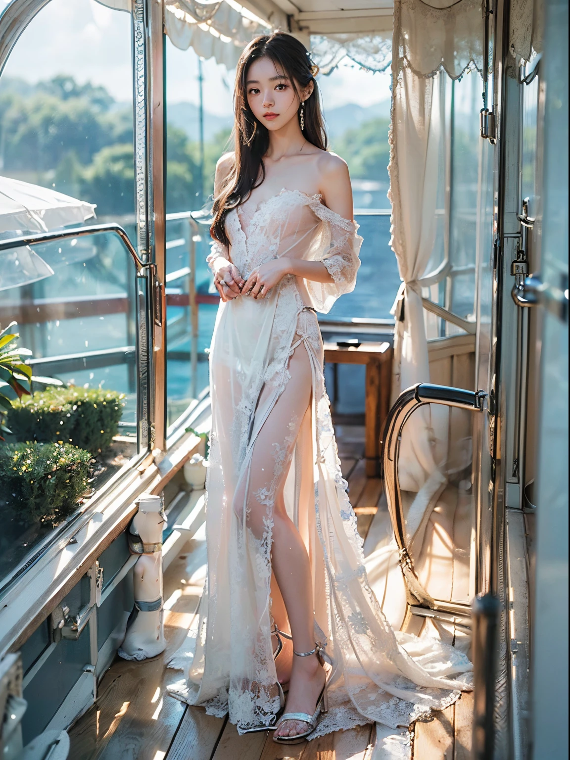 8K, Raw photo, Photorealistic, Realistic, (Detailed skin, Best Quality:1.2), (Japanese college girl standing in deck of luxury liner), ((wearing white see-through evening dress over naked, off-shoulder, lace, side slit, long dress)), ((straight long hair:1.4, one-length hairstyle), (neat face, looking away), (((small chest:1.3))), Fairer skin