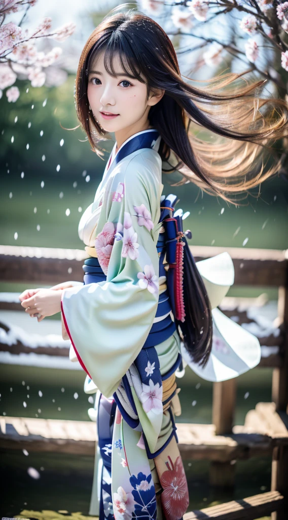 ((Kimono))、(full body Esbian)、(top-quality,masterpiece:1.3、超A high resolution)、(ultra-detailliert、Caustics)、(Photorealsitic:1.4、RAW shooting)、Ultra-realistic capture、A highly detailed、 Skin texture is natural、(voluminous hair)、25-years old、The skin looks healthy with an even tone、 Use natural light and color、One Woman、japanes、Kimono with cherry blossom pattern、A dark-haired、Middle hair、(Hair swaying in the wind:1.1)、Light in the eyes、Looking at the camera、