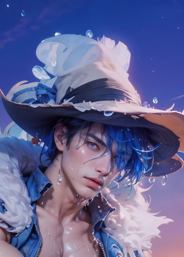 (max resolution: 1.2), (Ultra HDTV: 1.2), 8K resolution, Eye and skin details, detailed facial features, , (Sharp focus: 1, 2), ( Accurate focus) facial expressions: 1,2), 1 male is standing, 20-25 years old, (middle-aged)Barbate, (Blue hair ), (Shirtless), Shirtless, Perfect muscles, 8 pack, (light sweat, white fluid,  splashing all over the body), (Black briefs), Blue sky, Tree mortar, Transplant, ((Little drops of water on 8-pack abs)), (((water, water))),  splashed all over his face,  splashed all over his abs,  splashed all over his body, his face turned red from embarrassment