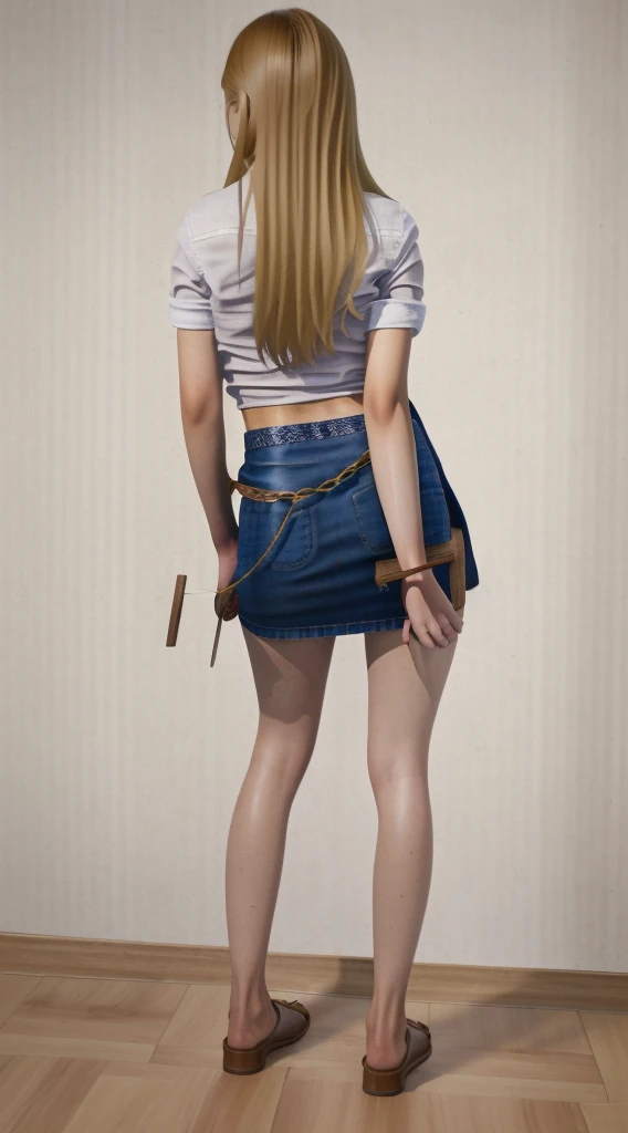 full body, barefoot, masterpiece, a beautiful schoolgirl, long blonde hair, (fantasy library background), erotic photoshoot, bent over a desk, from behind, flight attendant uniform, shackles on legs, cow bell on choker, happy face, looking to the viewer, big open eyes, blush