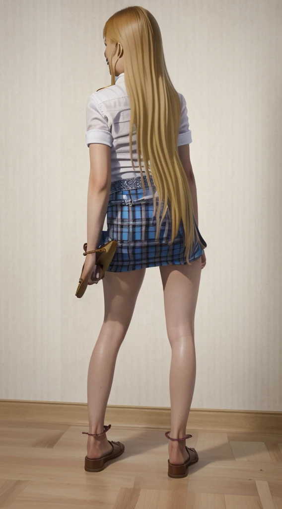 full body, barefoot, masterpiece, a beautiful schoolgirl, long blonde hair, (fantasy library background), erotic photoshoot, bent over a desk, from behind, flight attendant uniform, shackles on legs, cow bell on choker, happy face, looking to the viewer, big open eyes, blush