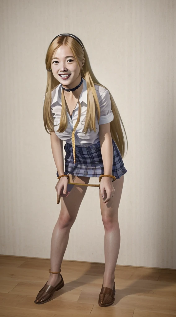 full body, barefoot, masterpiece, a beautiful schoolgirl, long blonde hair, (fantasy library background), erotic photoshoot, bent over a desk, from behind, flight attendant uniform, shackles on legs, cow bell on choker, happy face, looking to the viewer, big open eyes, blush