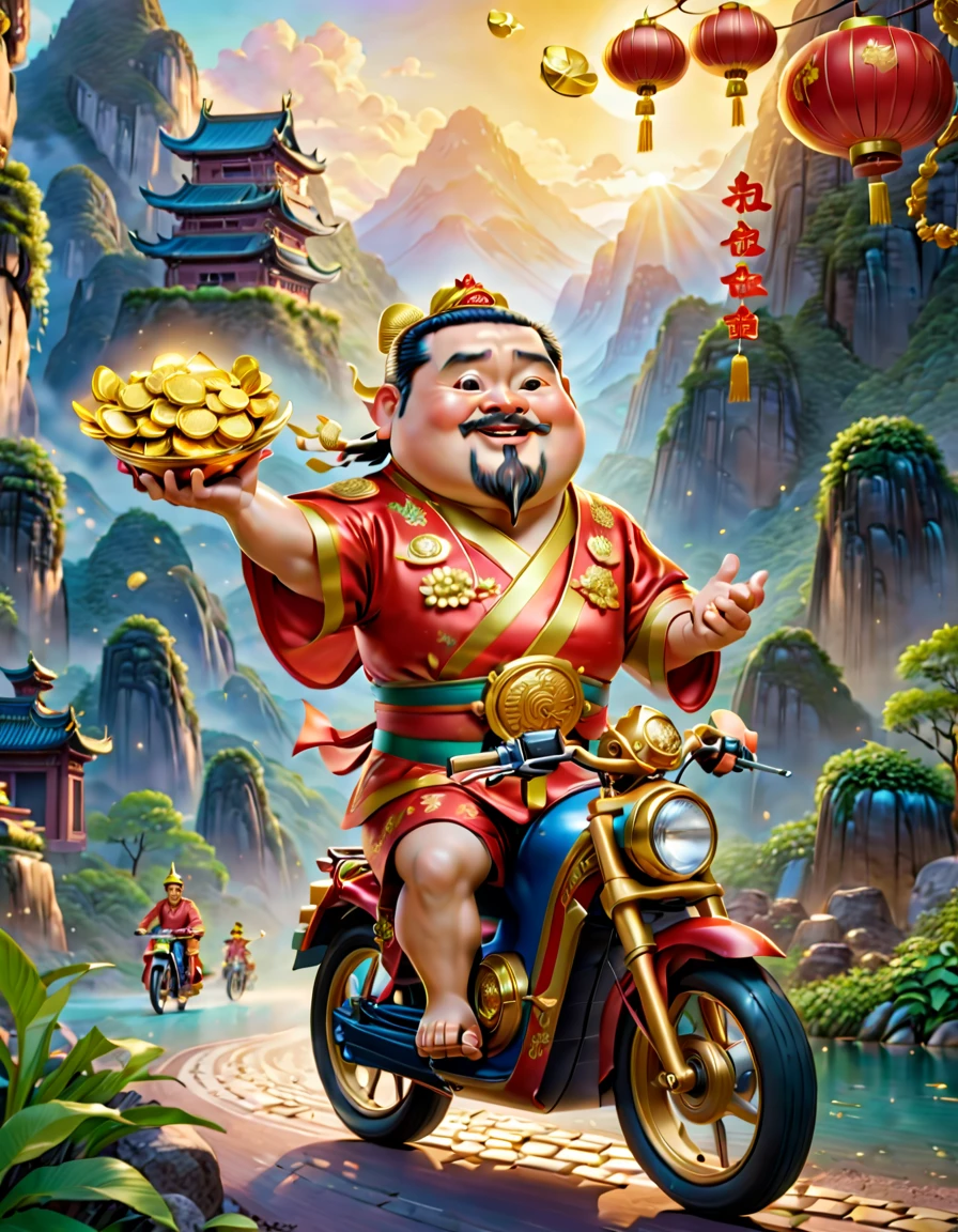 pixar style,(The god of wealth in Chinese mythology),A lovely God of Wealth,Riding an e-bike,Holding gold ingot in hand,clean backdrop,Background full of treasures