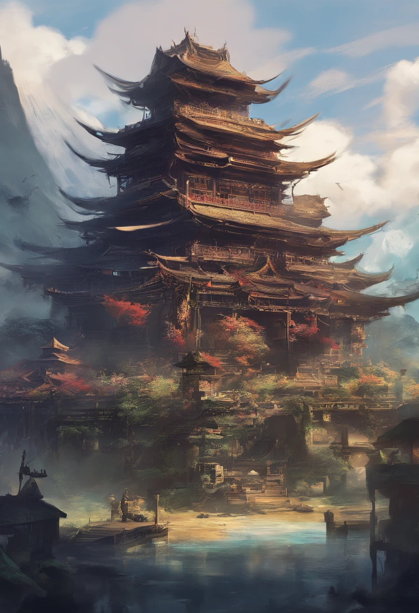 Post-apocalyptic wars, shadowing, Nero, A desert , shadowing, Gloomy atmosphere, darkly, ((natta)), The breadth of the landscape, book cover,Wasteland,A desert,Wasteland City,Building patches,Japan architecture,castle wall,Waste soil style,Samurai of Japan,Savage
