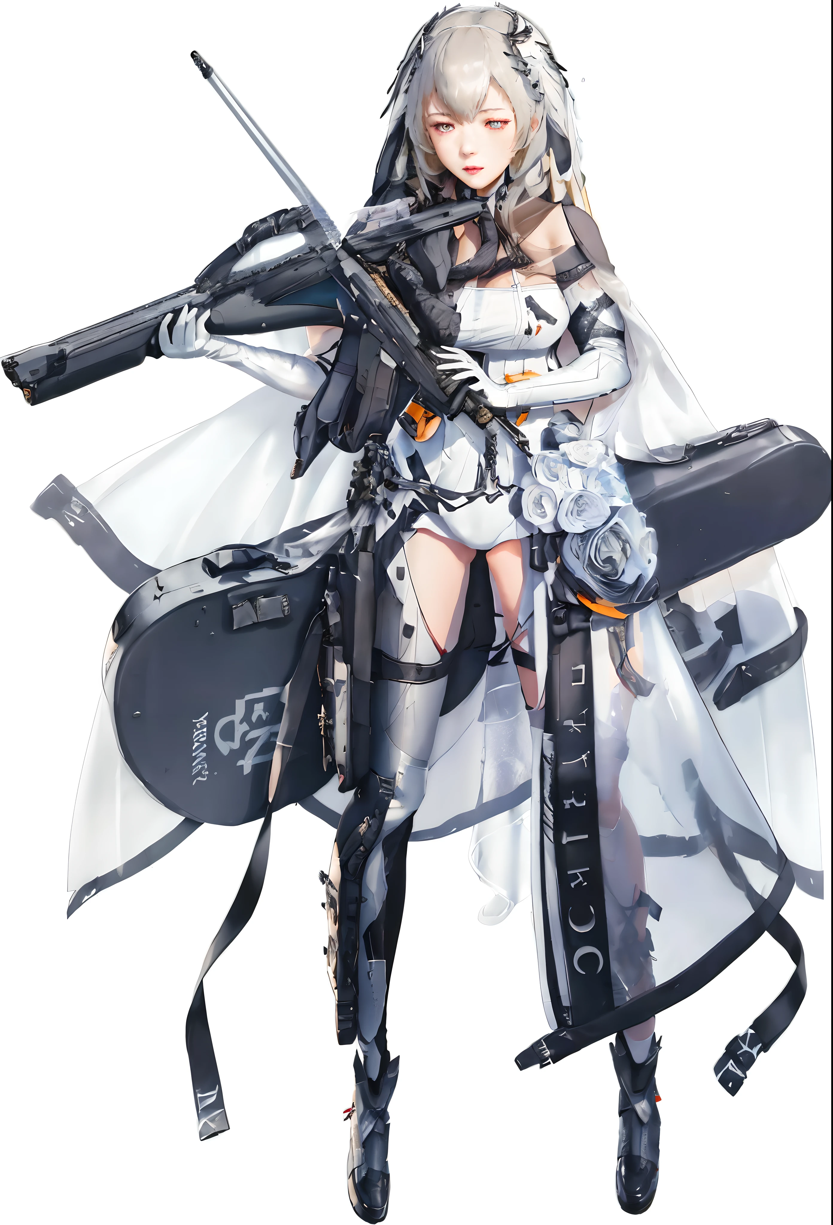 a woman in a white dress and black boots holding a gun, from girls frontline, fine details. girls frontline, from arknights, girls frontline style, from the azur lane videogame, azur lane style, girls frontline cg, girls frontline universe, m4 sopmod ii girls frontline, characters from azur lane, mechanized valkyrie girl, girls nikke