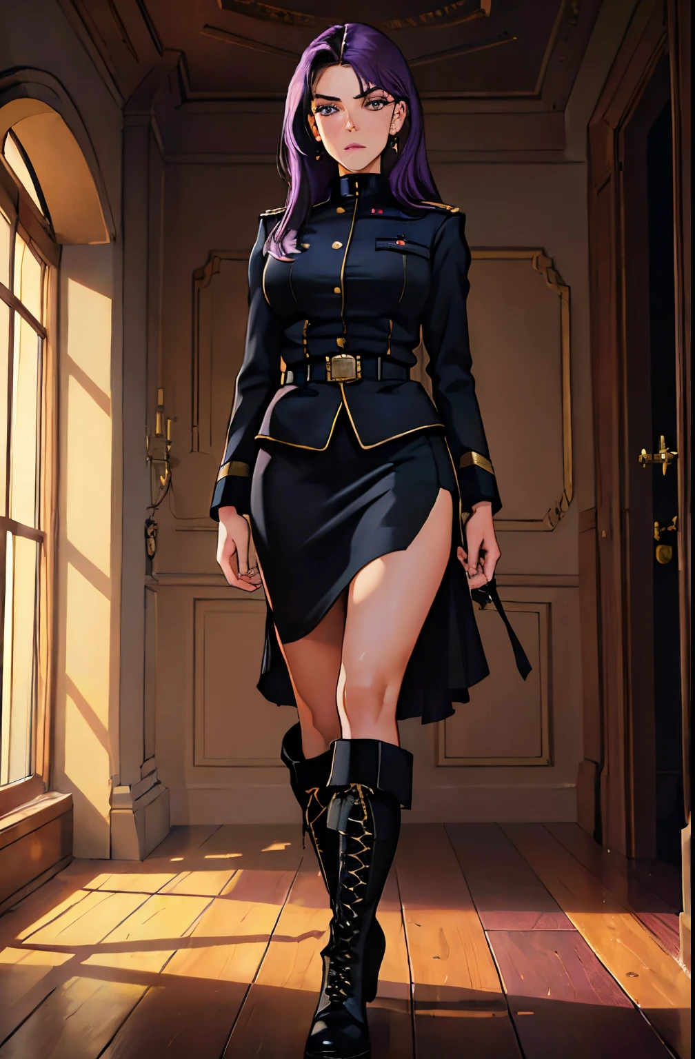 (highest resolution, distinct_image) , ((masterpiece, Best quality, high resolution, 8k, , female, solo, masterpiece, highly detailed, semi-realistic, purple hair, 25 years old, young, tall strong, black clothing, black uniform,  skirt, military uniform, indoor background, cold, serious, tall, handsome, dictatorial, powerful, exquisite facial features, exquisite facial features, tall boots