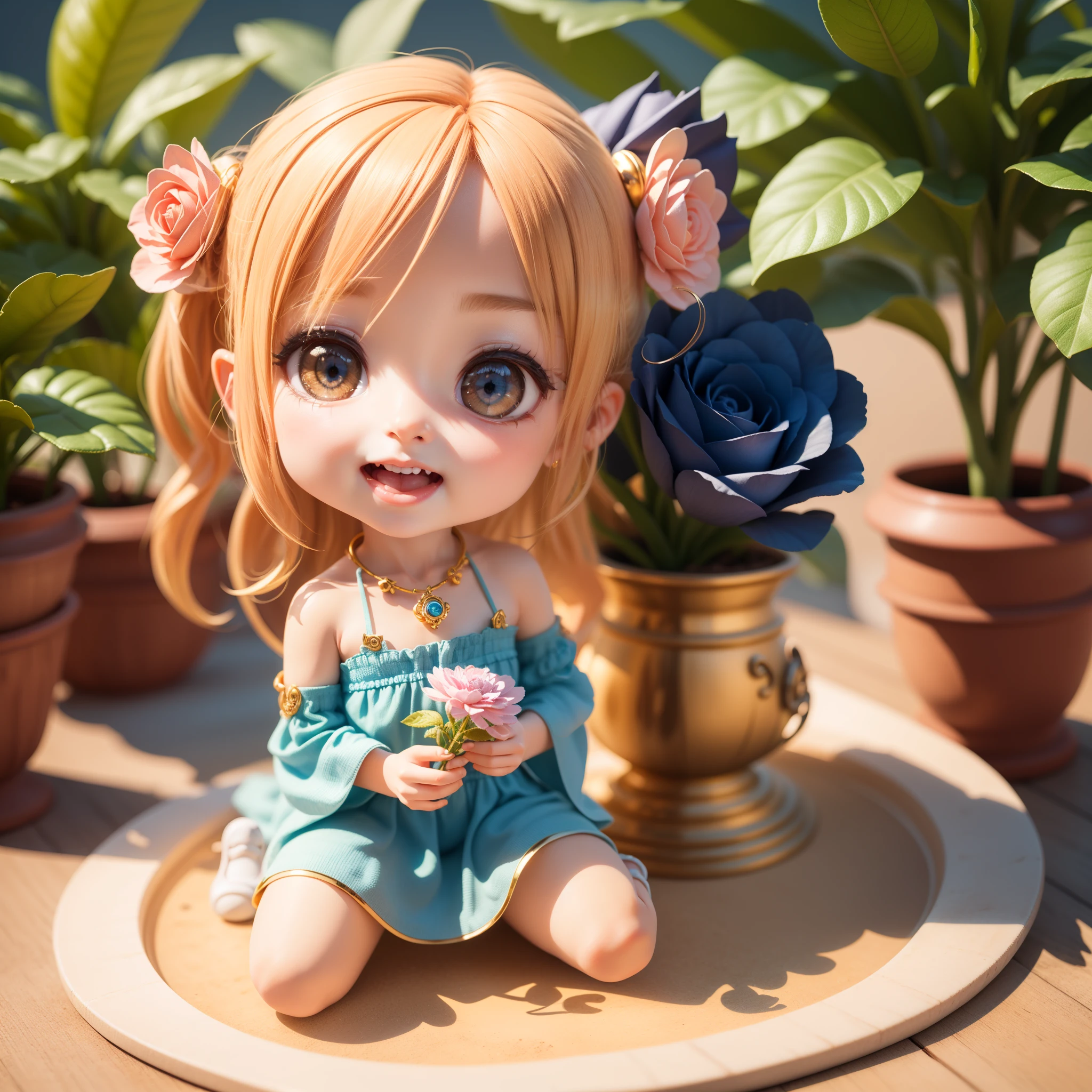 Cute Chibi Anime,(((chibi 3d))) (Best Quality) (Master Price)、Chibi Fairy、Sitting on a blue rose flower、specimen、houseplant、Open your mouth and smile、Jewelry Decoration Costumes