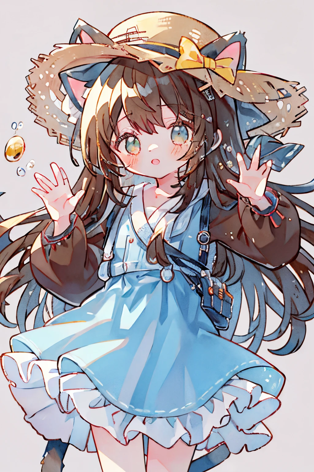 Absurd solution, Ultra-detailed, (The best quality illustrations), 8K, 超A high resolution, Cowgirl Shot, Simple background, cat ear、Shy、Embarrassing、Viewer's Perspective、Kamimei、The upper part of the body、((1girl in、Lori))a straw fedora hat、onepiece、Brown hair、Waving hands、Waving to viewers、((((8K、))))