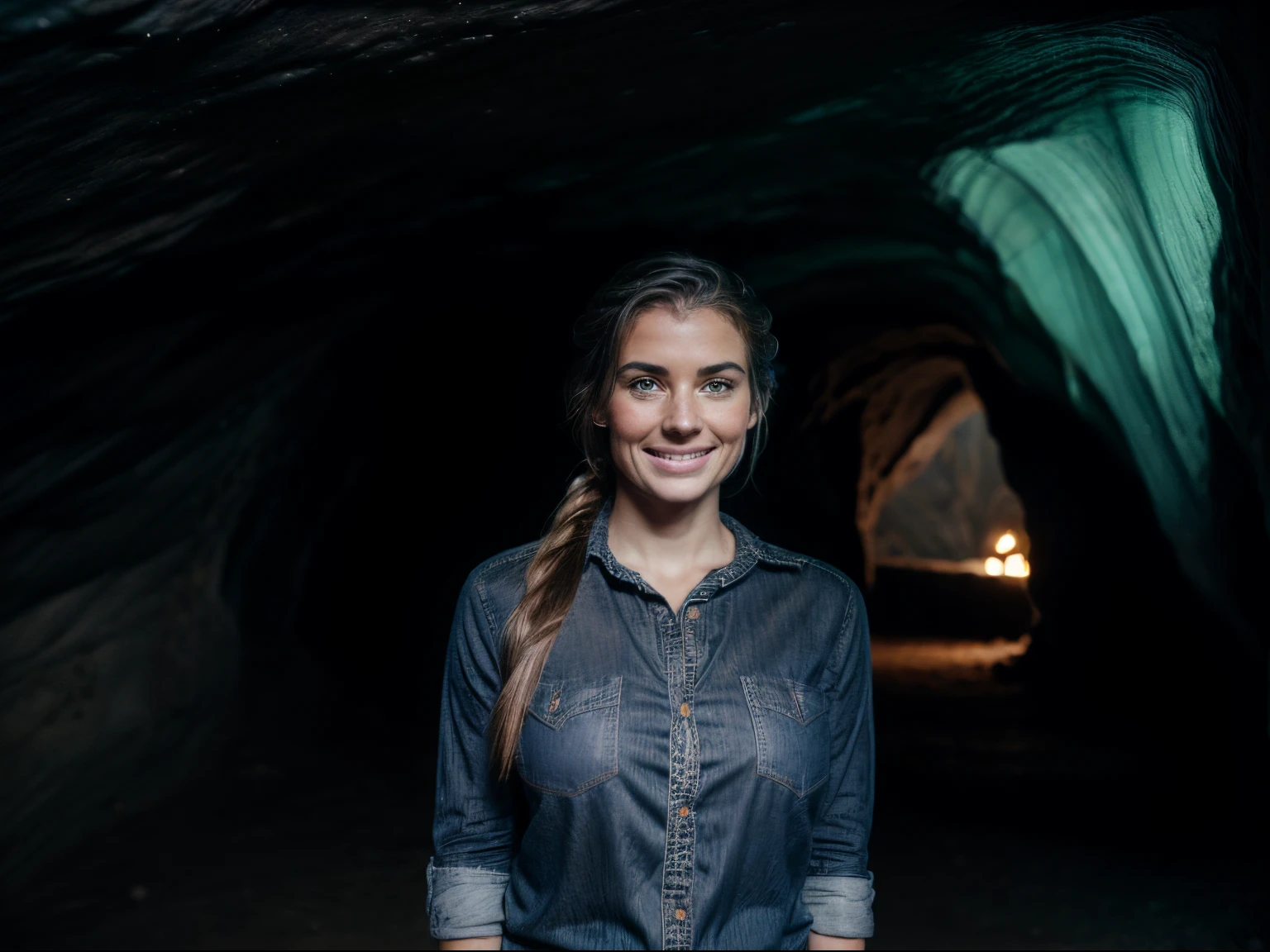 Photo of a female spelunker, in cave exploration gear, inside a massive cavern, spherical panorama capturing the entire cave interior, intricate stalactites and stalagmites, LED headlamp and diffused cave lighting, camera positioned at the center of the cavern, ISO 400, f/8, 1/15 sec, in the exploratory style of Carsten Peter. (perfect face), (amateur) (8K, 16k, uhd, dslr), (RAW photo:1.2), (best quality:1.4), (high quality:1.4), (masterpiece:1.2), (realistic:1.3), (photo-realistic:1.4), ultra-detailed, (grainy:0.4)