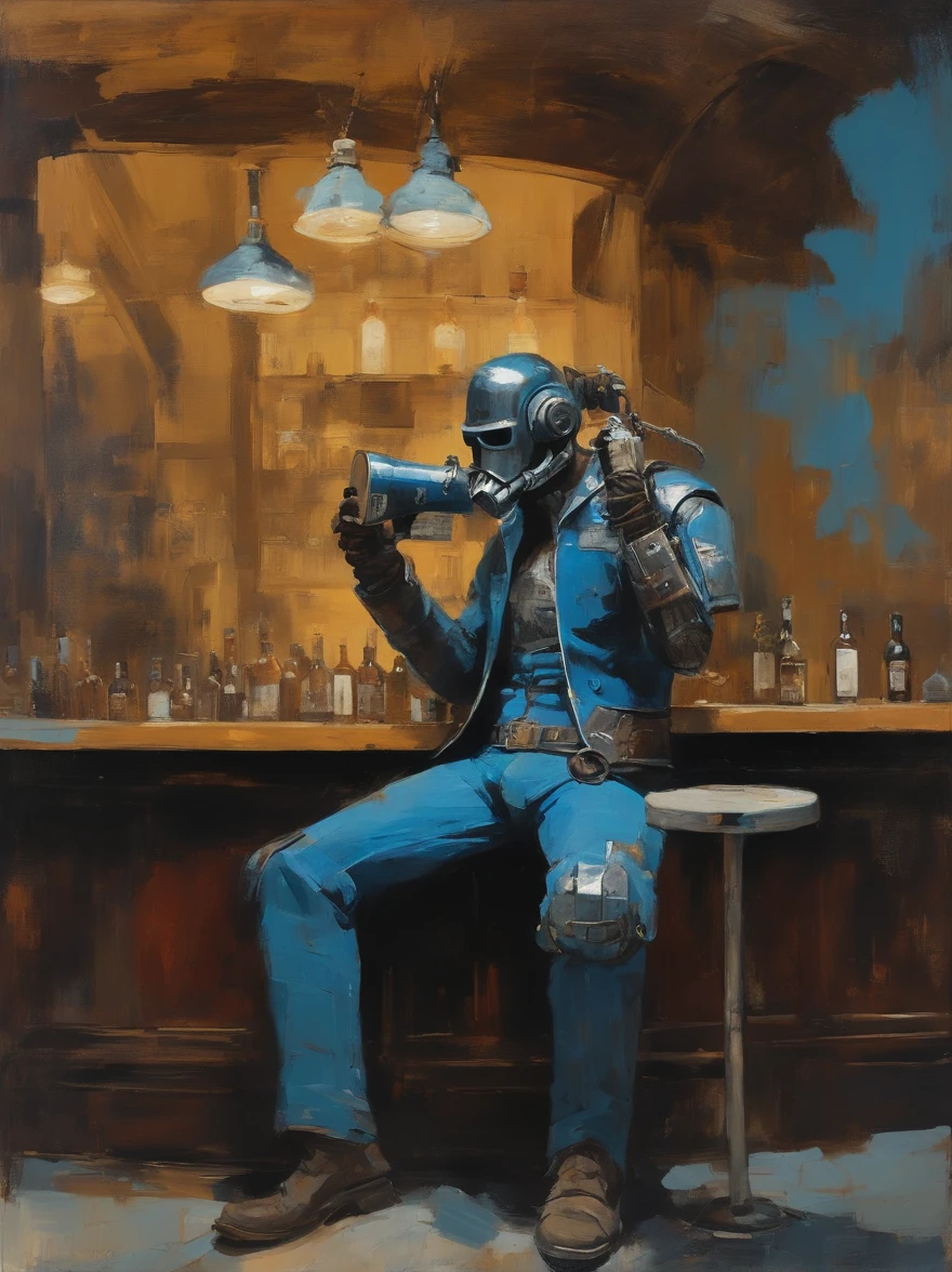 Ashley Wood(Ashley Wood)Realistic paintings created in Van Gogh's unique style,Depicted ((Blue rusty cyborg drinking whiskey in a post-apocalyptic bar)),