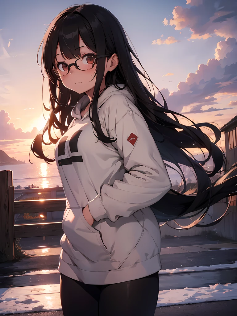 1girl, long black hair, brown eyes, wearing black hoodie, leggings, glasses, biting lips, blushing, absurdres, high res, ultrasharp, 8K, masterpiece, looking at viewer, snow, comfy, scenery, sunset, clouds, wind