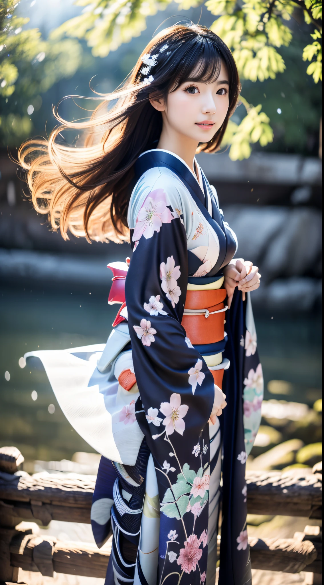 ((Kimono))、(full body Esbian)、(top-quality,masterpiece:1.3、超A high resolution)、(ultra-detailliert、Caustics)、(Photorealsitic:1.4、RAW shooting)、Ultra-realistic capture、A highly detailed、 Skin texture is natural、(voluminous hair)、25-years old、The skin looks healthy with an even tone、 Use natural light and color、One Woman、japanes、Kimono with cherry blossom pattern、A dark-haired、Middle hair、(Hair swaying in the wind:1.1)、Light in the eyes、Looking at the camera、