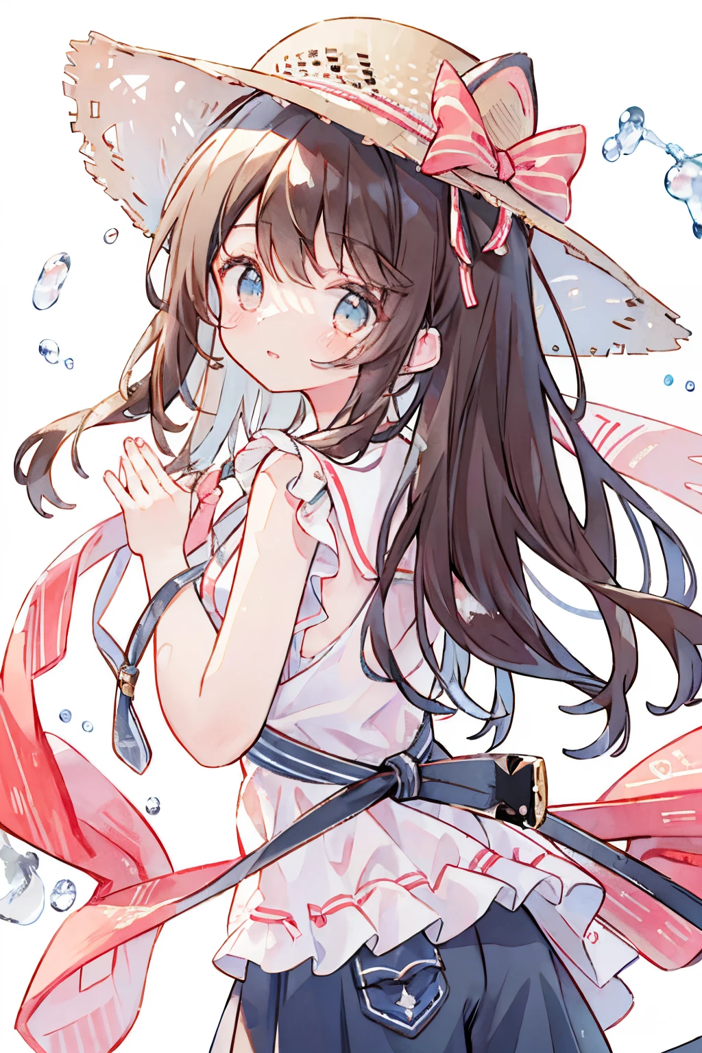 Absurd solution, Ultra-detailed, (The best quality illustrations), 8K, 超A high resolution, Cowgirl Shot, Simple background, cat ear、Shy、Embarrassing、Viewer's Perspective、Kamimei、The upper part of the body、((1girl in、Lori))a straw fedora hat、onepiece、Brown hair、Waving hands、Waving to viewers、((((8K、))))、Looks Back、facing back、Rear view、(Viewer's Perspective)