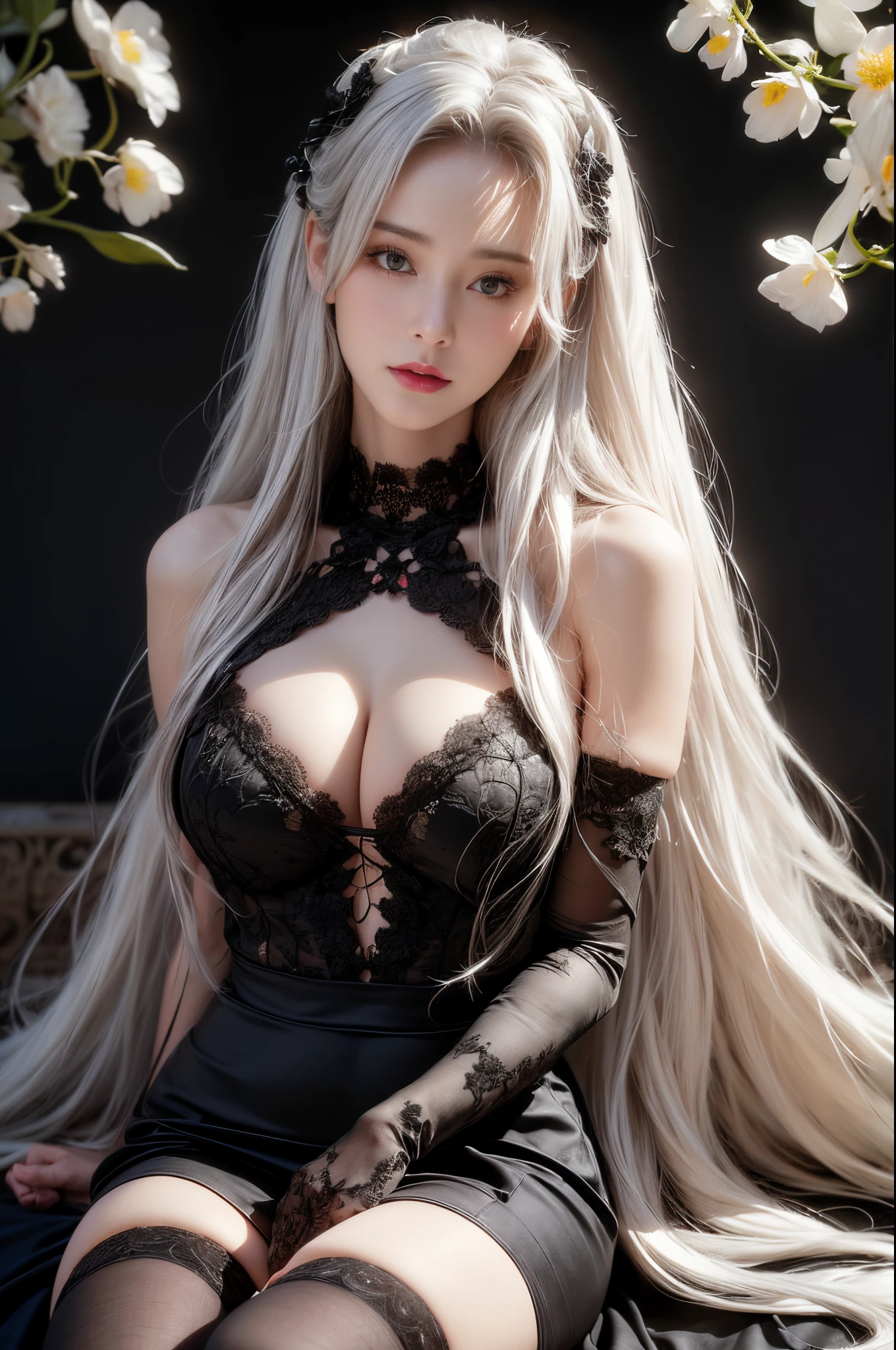 (best quality,4k,8k,highres,masterpiece:1.2),ultra-detailed,(realistic,photorealistic,photo-realistic:1.37),long white hair,beautiful face,dark flowers on the hair,symmetrical hips,wearing black stockings,wearing a black wristband,wearing black lace-up high heels,wearing a black military coat,red top