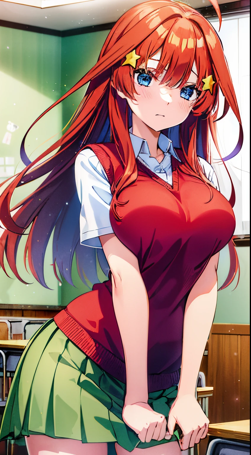 1girl, alone, Itsuki Nakano, long hair, red hair, bangs covering forehead, hair ornament, star ornament, on the sides of the head, blue eyes, embarrassed, neutral expression, classroom, white shirt, red sweater ,green skirt, white stockings, big breasts, medium hips, wide thighs