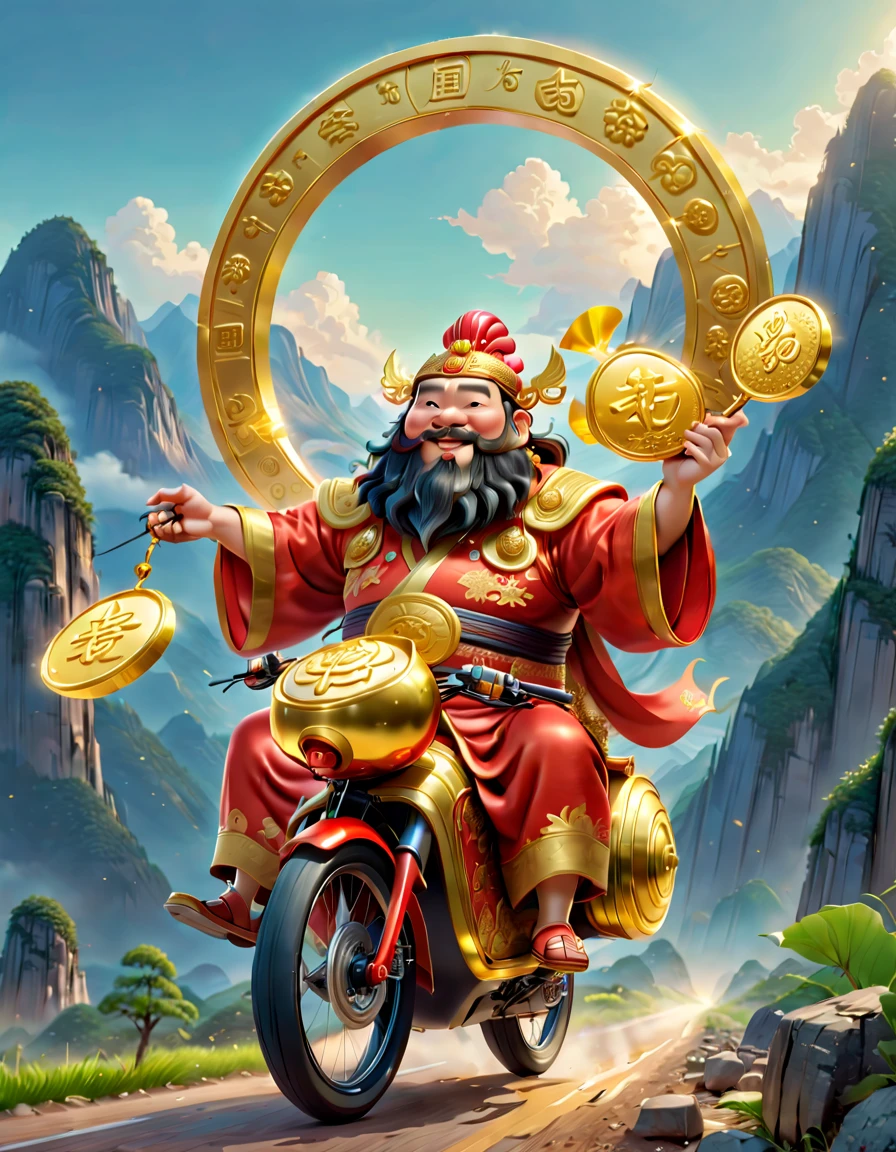 pixar style，（The god of wealth in Chinese mythology），A lovely God of Wealth，Riding an e-bike，Holding gold ingot in hand，treasure follows，Clean and simple background，(Long-range shooting: 1.5)