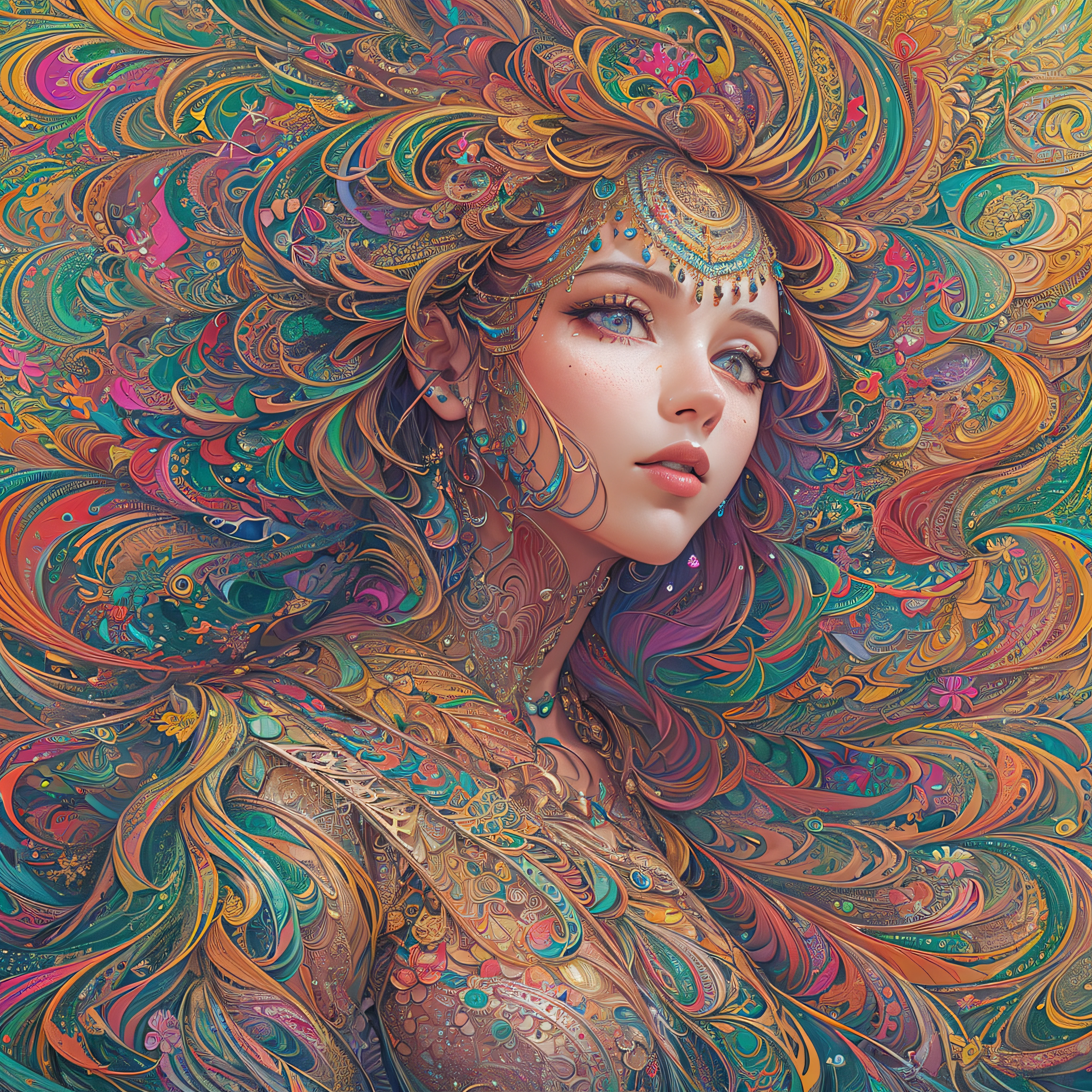 (masterpiece, top quality, best quality, official art, beautiful and aesthetic:1.2), (1girl:1.3), extremely detailed,(fractal art:1.2),colorful,highest detailed,(zentangle:1.2), (dynamic pose), (abstract background:1.5), (treditional dress:1.2), (shiny skin), (many colors:1.4), upper body