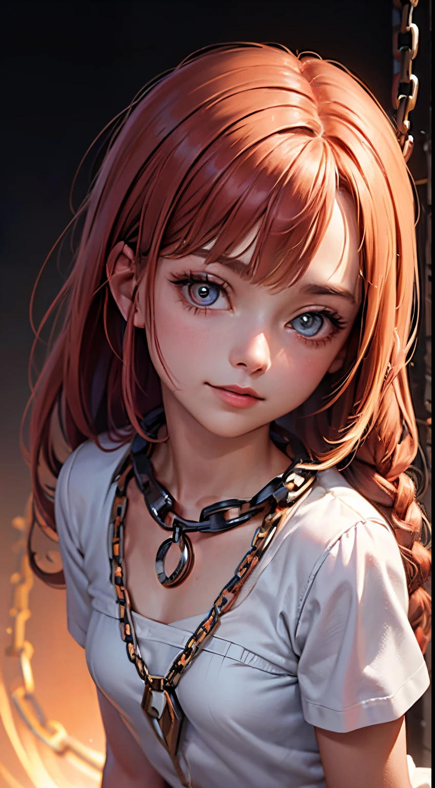 Makima with the face of Margot Robbie (chain saw man), Best Quality, ultra-detailliert, 1girl in, Solo, Standing, Red hair, Long braided hair, Golden Eyes, Bangs, very small pointed chest, White shirt, tie, Look, Smile, (in bad: 1.2), Looking at the viewer, (interview: 1.3), (Dark background, chains: 1.3), From above, sharp contrast, Beautiful detailed eyes, Focus, Close Up Shot