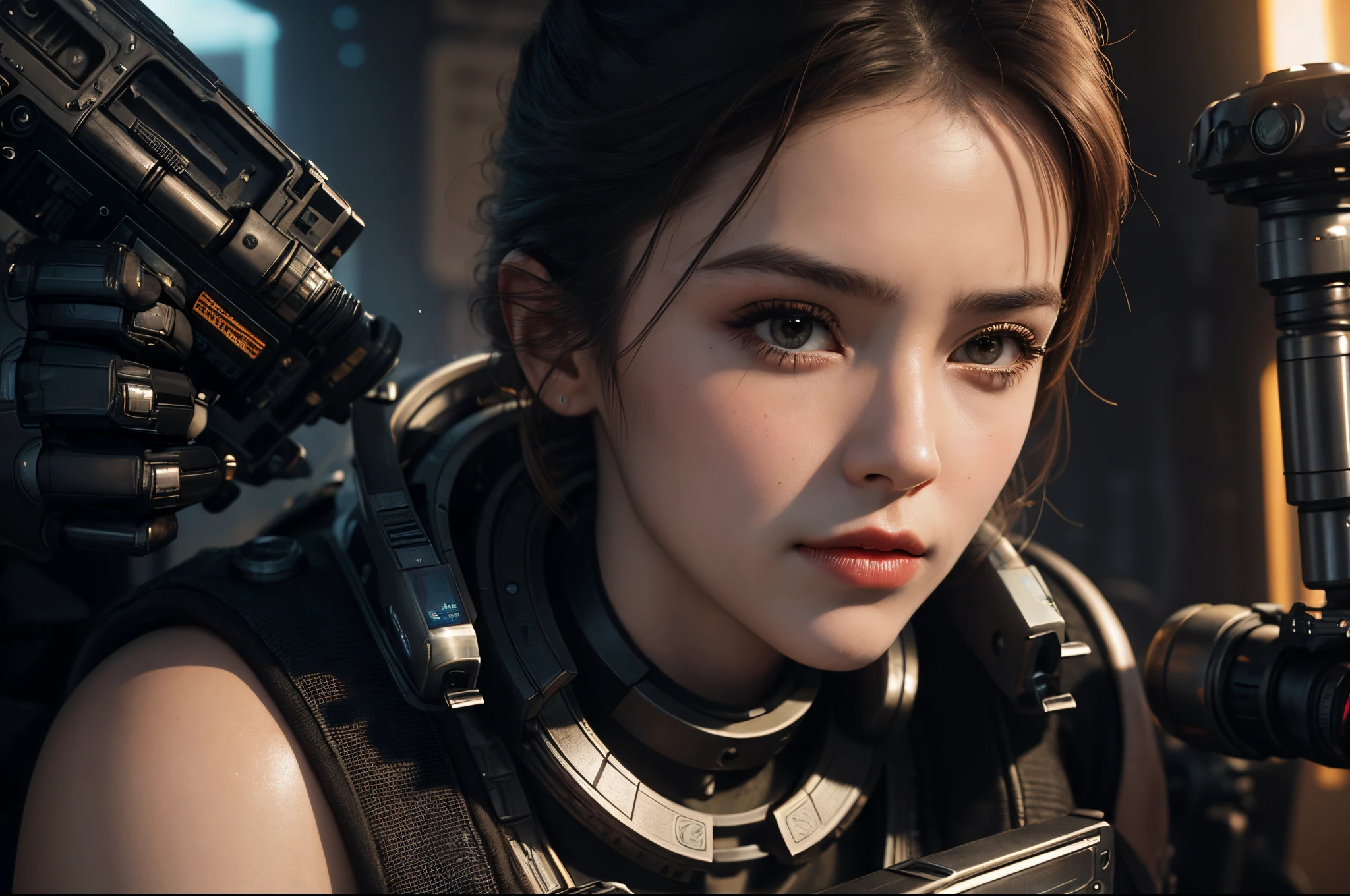 alone, focus only, Masterpiece close-up portrait of a woman wearing tactical gear on Tatooine architecture, light rays, Caustics, mechanical parts, wiring, cyborg, metal jaws