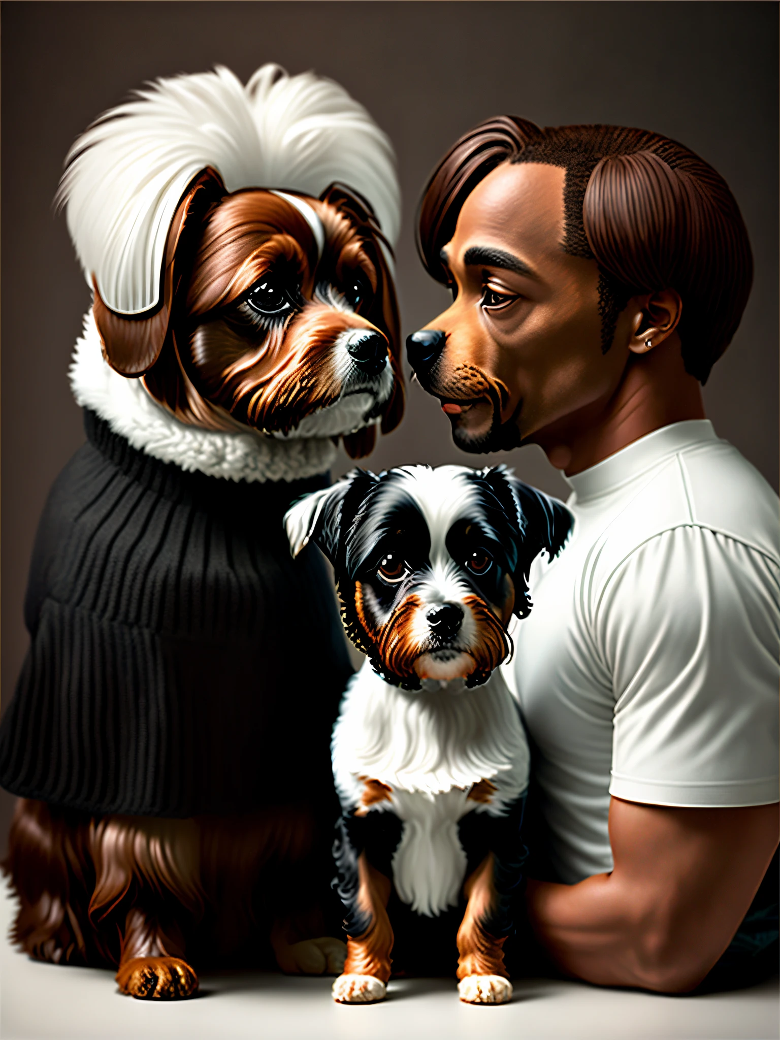 Chocolate Yorkie and a black Yorkie with white gay couple in their 30s