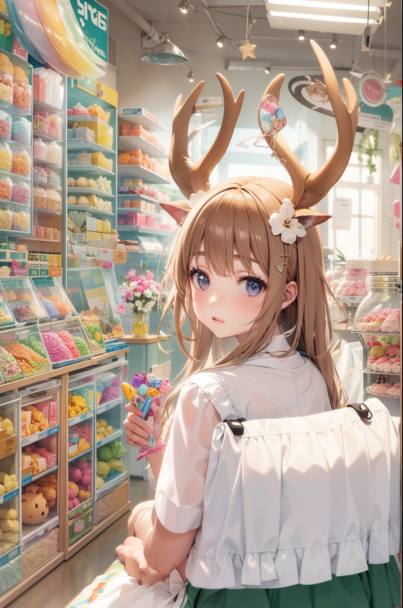 Girls watch TV wearing fawn antlers、colorful candy store、Summer vacation,Soft white light pestels tones,
