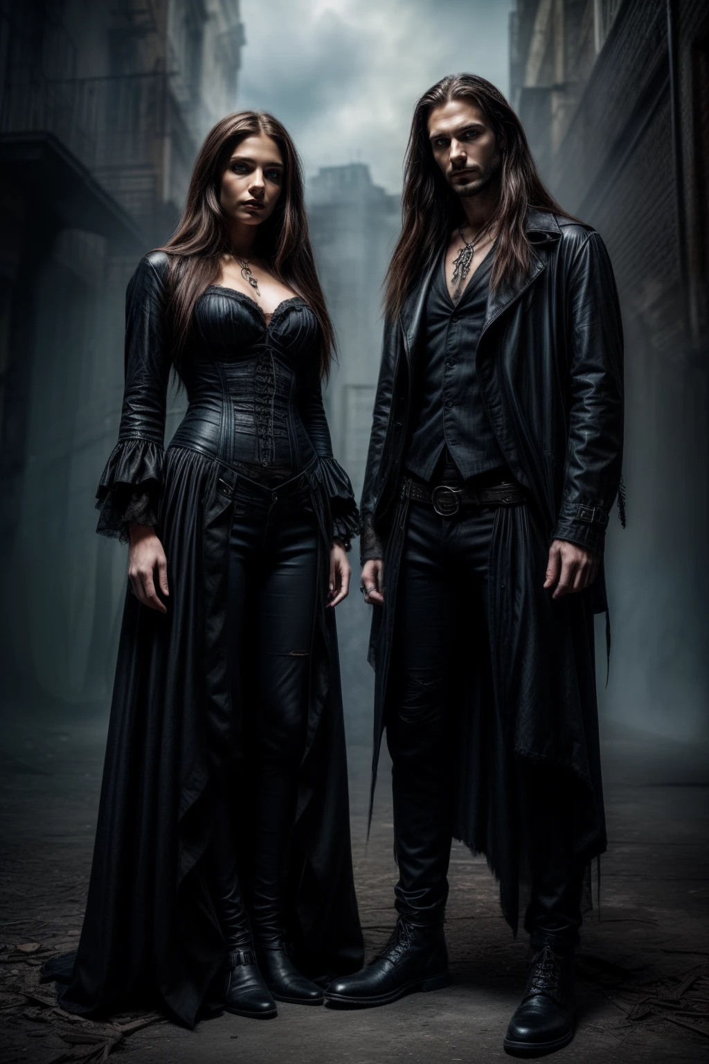 Depiction of both Jekyll( male 30 years old, dark mid length hair) and Hyde(female 30 years old, dark blond long hair, blue eyes), beautiful, standing next to each other, gothic style, dystopian, masterpiece, duality of the mind, eerie, hyperdetailed, realistic