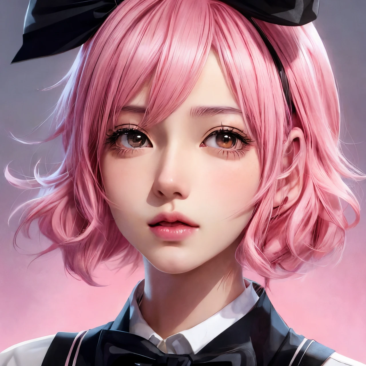 anime girl with pink hair and black bow tie, kawaii realistic portrait, cute girl with short pink hair, stunning anime face portrait, realistic anime 3 d style, realistic anime art style, beautiful anime portrait, artwork in the style of guweiz, anime realism style, realistic young anime girl, realistic anime artstyle, beautiful anime style, portrait anime girl, beautiful anime face