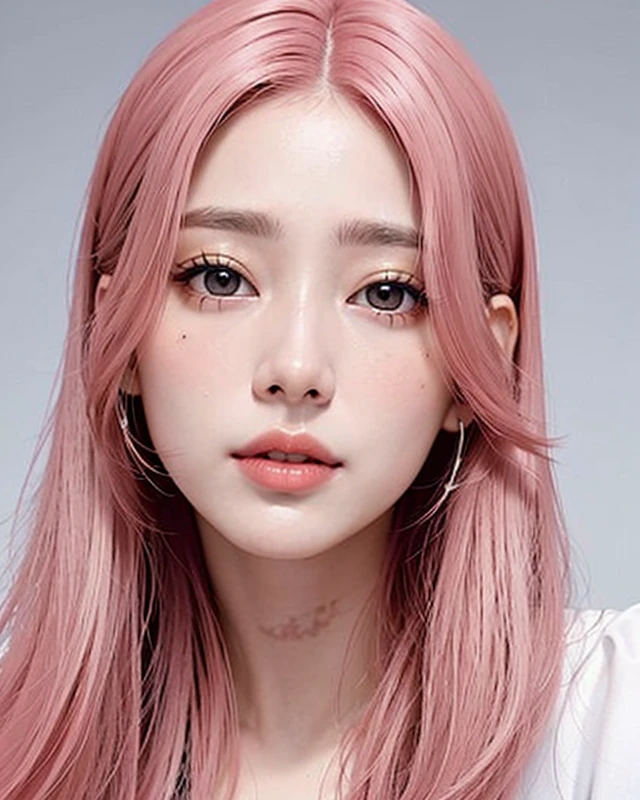 um close up de uma mulher com cabelo rosa e uma peruca rosa, Douyin maquiagem, linda Delphine, tom de pele rosa pastel, pale porcelain white skin, jennie blackpink, rosto sexy com maquiagem completa, pele rosa lisa, kawaii retrato realista, cara ahegao, Ulzzang, nariz rosa pontiagudo longo, pale round face, porcelain pale skin, beautiful aesthetic face, cara rosa, com cabelo rosa, jennie kim