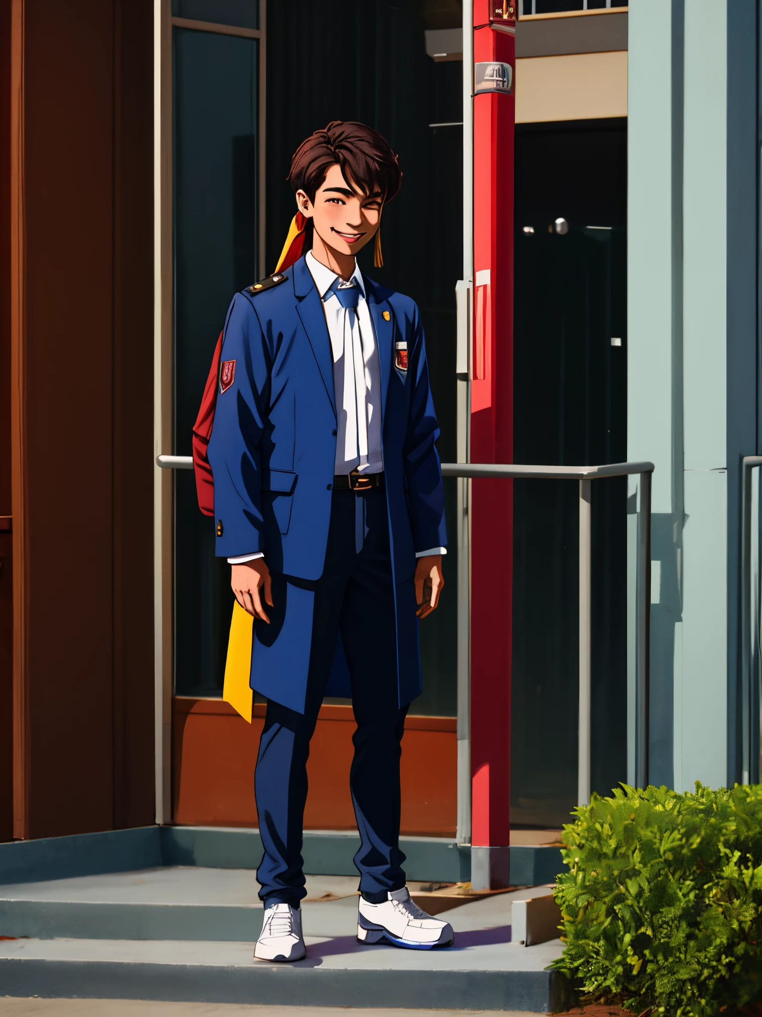 1 homem, college student, graduado, Convocation Ceremony, wearing academic attire, usando roupas de formatura, sorrindo para o espectador, Standing in front of the university, Feliz