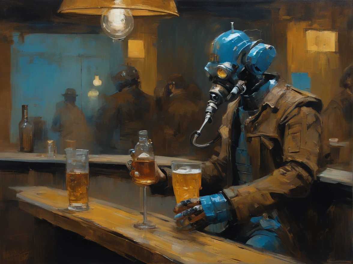 Ashley Wood（Ashley Wood）Realistic paintings created in Van Gogh's unique style，Depicted ((Blue rusty cyborg drinking whiskey in a post-apocalyptic bar)),