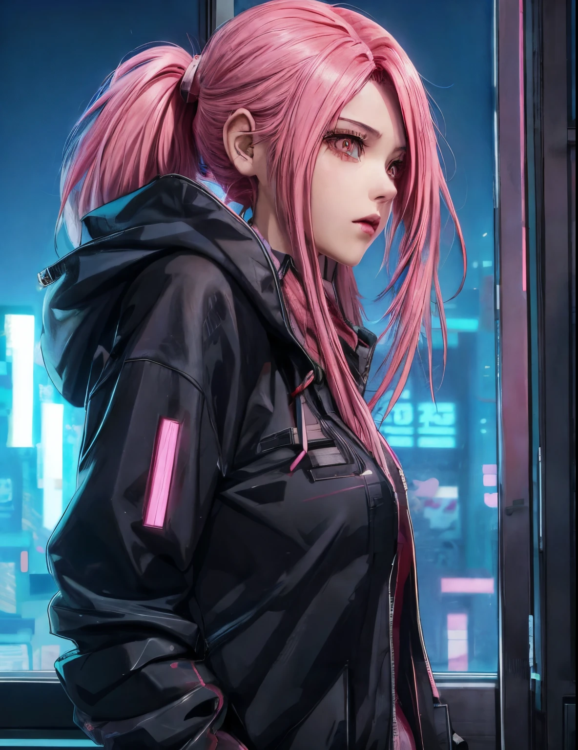 anime girl with long pink hair and black jacket standing in front of a window, cyberpunk anime girl, female cyberpunk anime girl, cyberpunk anime girl in hoodie, anime cyberpunk art, digital cyberpunk anime art, cyberpunk anime art, modern cyberpunk anime, digital cyberpunk - anime art, an anime girl, anime cyberpunk, style anime, anime girl, anime style 4 k