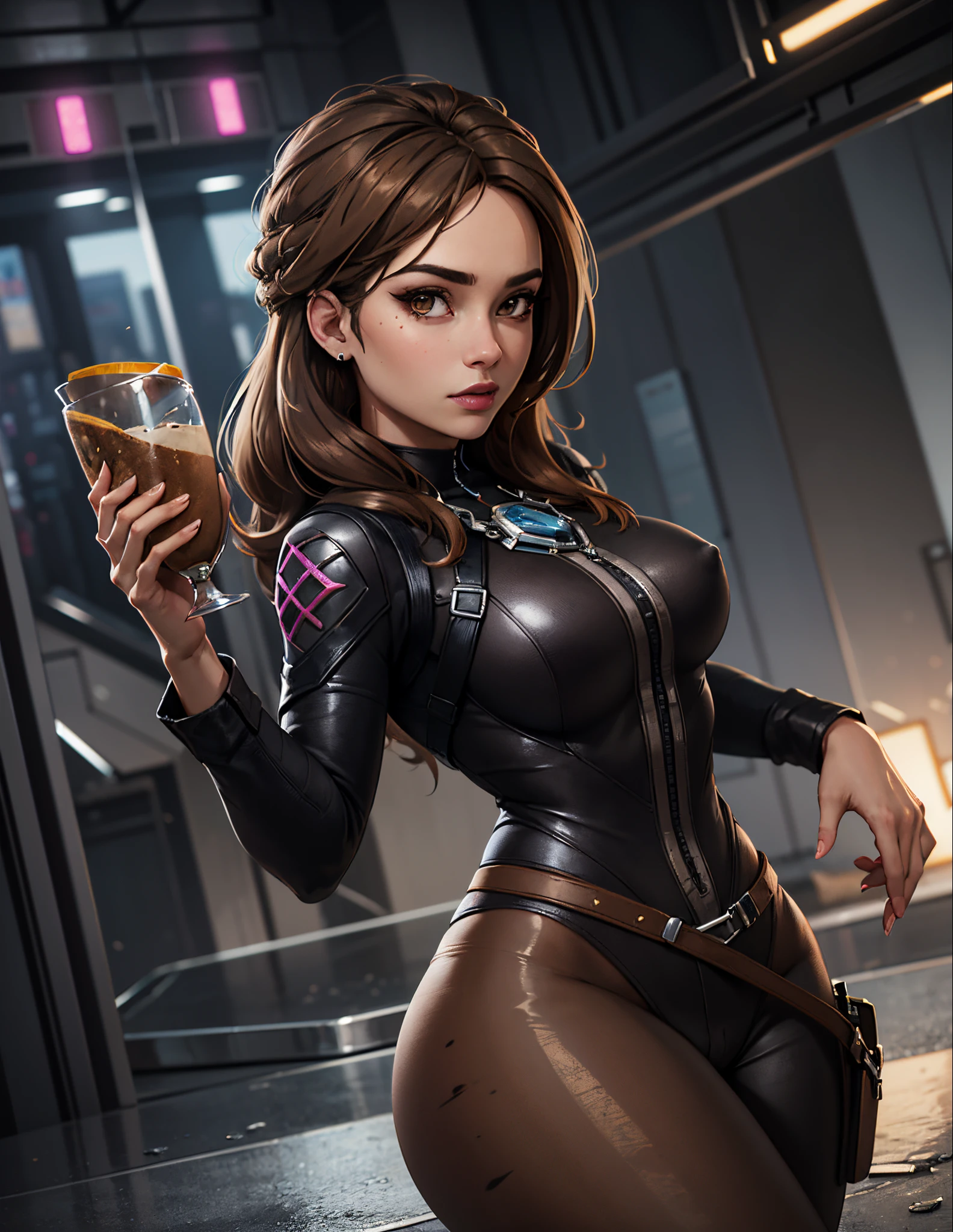 fortnite skin: female, light brown hair with highlights, brown/hazel eyes, hourglass figure