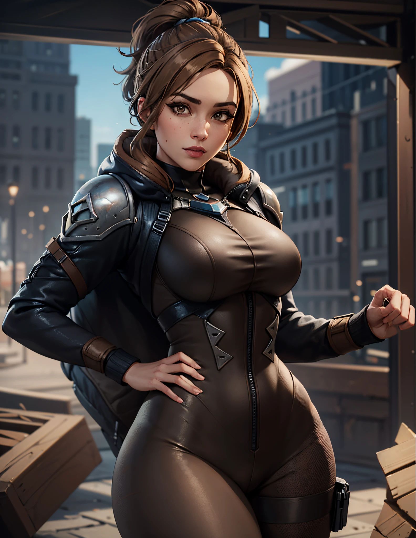 fortnite skin: female, light brown hair with highlights, brown/hazel eyes, hourglass figure