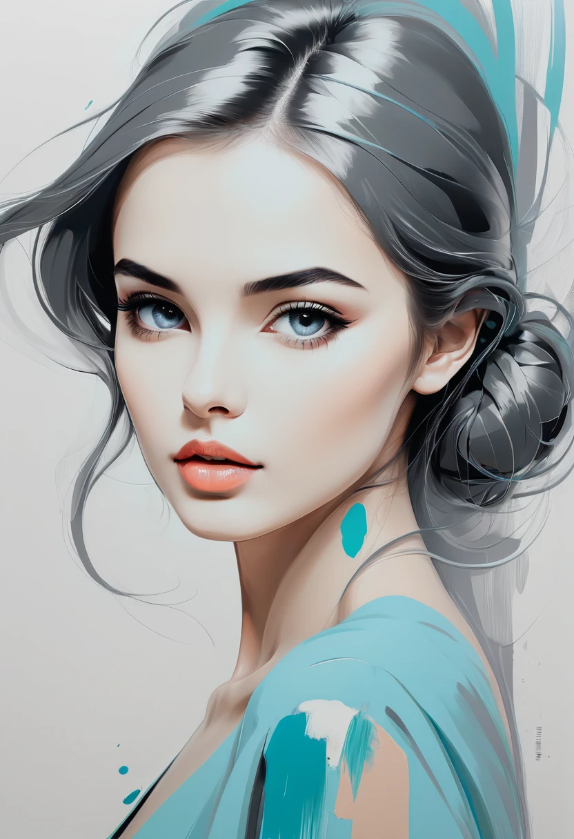 (line art:1.5)，Mono Color，A beautyful girl，abstract painting