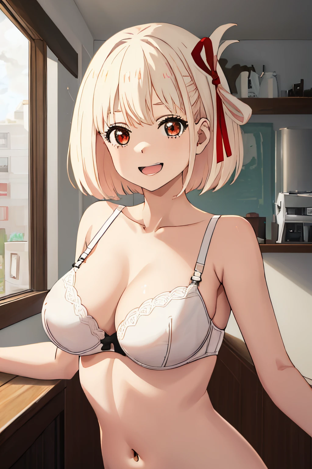 best quality, masterpiece, highres, solo, {nishikigi_chisato_lycorisrecoil:1.15}, short_hair, bangs, blonde_hair, red_eyes, hair_ribbon, bob_cut, 1girl, looking_at_viewer, parody, upper_body, surprised, bra, lingerie, panties, big boobs, smile, cafe, nude