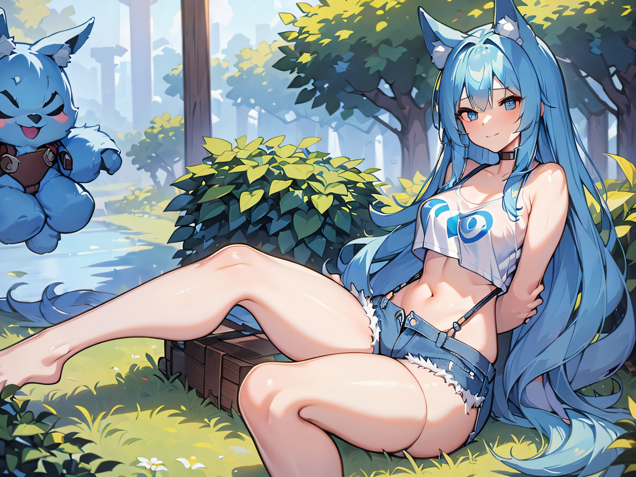 (Masterpiece) (High Detail) (High Res) A short petite humanoid girl with skin and blue eyes and long blue hair and blue dog ears and a big fluffy dog tail stood alone in a forest and is wearing denim shorts a white t-shirt and suspenders.