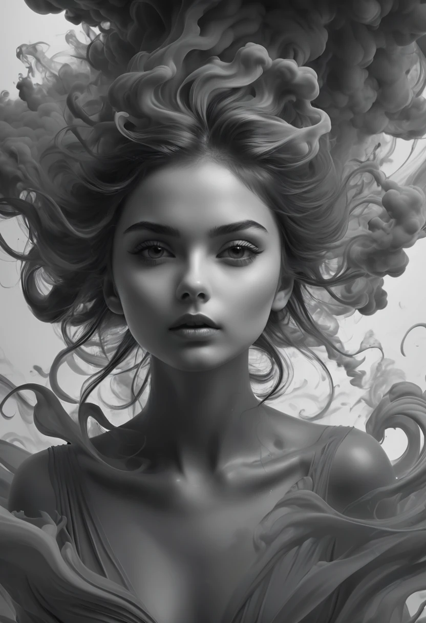 (line art:1.5),Mono Color,A beautyful girl,abstract painting,model shoot style, (extremely detaild的 CG unified 8k wallpapers), A chaotic storm of complex liquid smoke rising overhead, Stylized abstract portrait of beautiful girl,