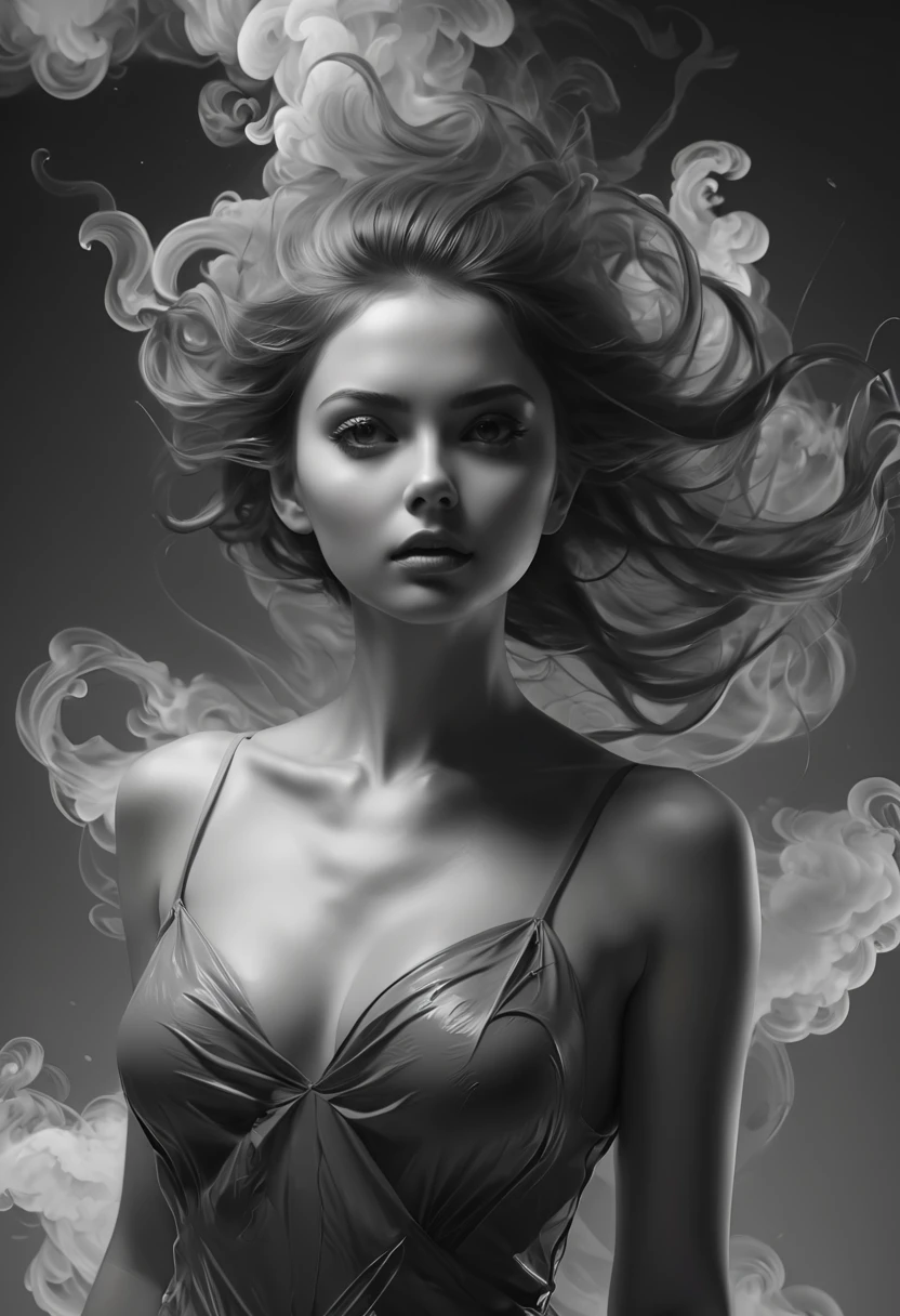 (line art:1.5),Mono Color,A beautyful girl,abstract painting,model shoot style, (extremely detaild的 CG unified 8k wallpapers), A chaotic storm of complex liquid smoke rising overhead, Stylized abstract portrait of beautiful girl,