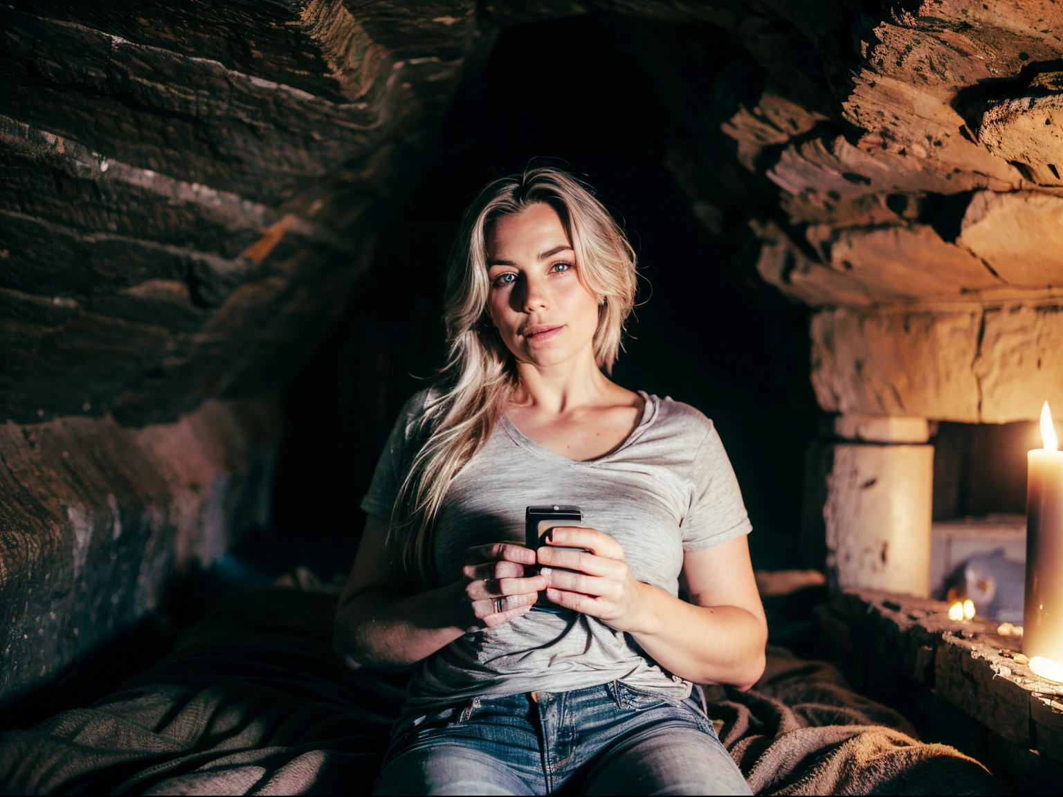 1woman 1man, full body:1.3, fullbodyesbian,standing inside beautiful open cavern cave,((interior Waitomo Glowworm Caves:1.1, New Zealand)), (she's fully dressed with comfortable styled top, worn jeans, elegantly, attractive professional), she is a gorgeous curvy beauty, she's in awe of the natural beauty of salt lamps in cave, coloring, (inhaling the aroma, observing beauty:1.3), realistic photo, (44% of photo is black in drawing:1.2) beautiful face, (natural perfect open smile), intense presence, masterpiece, obsessively detailed glowworm caves, vast cavern, she glance to camera, gazing, beautiful hands, eyes with long eyelashes, gorgeous, incredible details, incredible, ((high contrast)), (deep, darkest shadows), (shadow details:1.4), ((taken using Leica camera, aperture: f/2.3)) , hyper-realistic skin, pores, scar, mole, (she has her long hair up, it's messy, hangs in over her eyes), relaxed moment, she's in dark with natural light glow, (romantic light:1.7), radiant skin, perfectly framed face, perfect relaxed hands, perfect fingers, (perfect incredible eyes:1.2),(Lechuguilla Cave, New Mexico, USA, Fingal's Cave, Scotland, Hang Sơn Đoòng, Vietnam ),a work of art,beautiful composition, golden ratio, inspiring, (highest quality fabric texture), every detail,Fine facial features – (Highest Quality) ,Leica camera film, High quality ○○ detailed – ○○ details ultra detailed(Ultra-fine ), Photorealistic, Extremely detailed(Extremely detailed) , (highest detail image, lens flare, realistic)○○ res – ○○ resolution ultra high res(A high resolution),playful relaxed photos