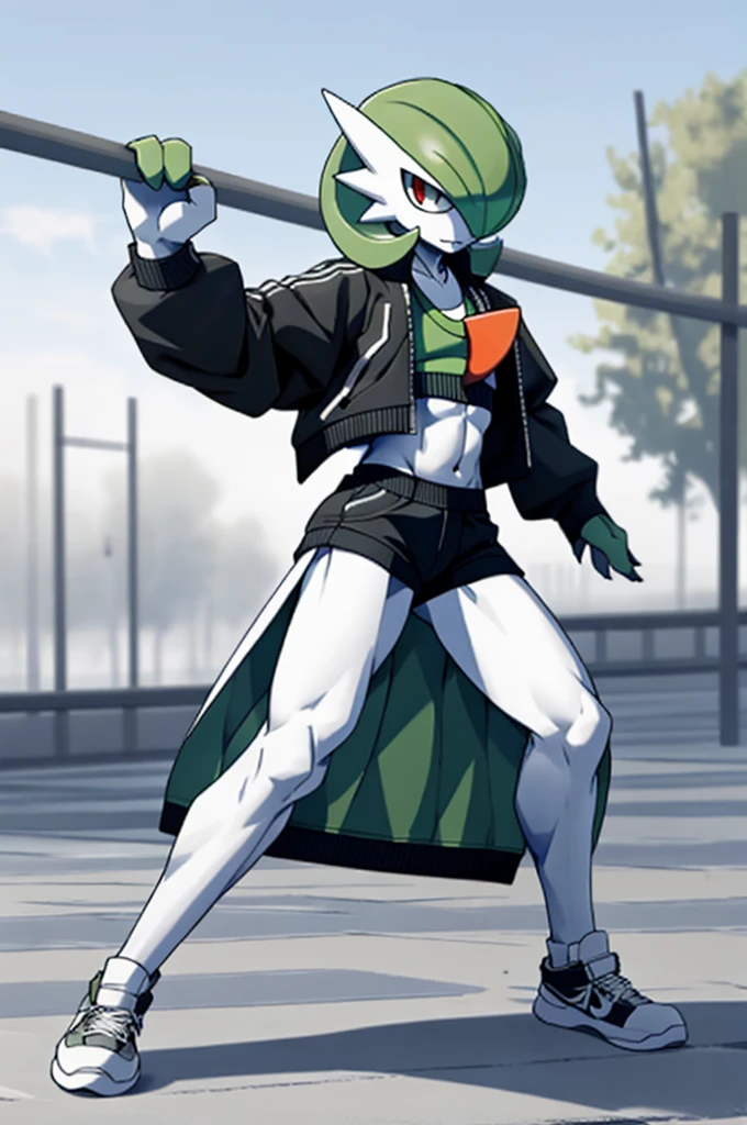 masterpiece, best quality, full body, Solo, male focus, (androgynous), furry, (Gardevoir)), ((pokemon)), (crop jacket), (sweater crop top), (tai chi),