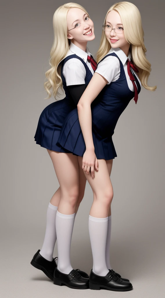 Almost Identical Twin Stepdaughters Joey White and Sami White, long blonde hair, white skin, Joey White and Sami White, 2 full body twins, masterpiece, a beautiful schoolgirl, long blonde hair, (fantasy library background), erotic photoshoot, bent over a desk, from front side, girlscout uniform, shackles on legs, cow bell on neck, happy face, looking to the viewer