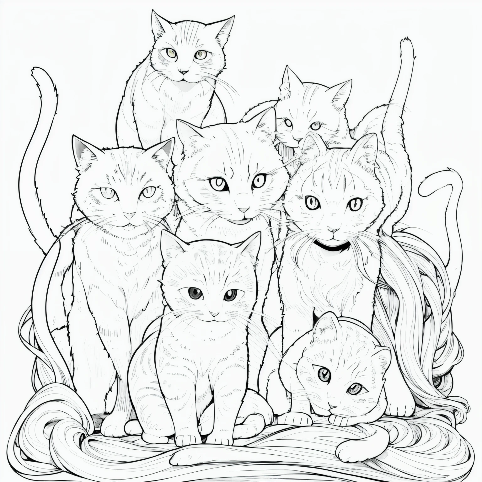 (cats),lineart,monochrome,(masterpiece, best quality,highly detailed,high resolution),front lighting,white background,simple background,